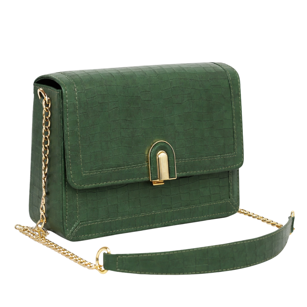 green textured rexine handbag with chain strap